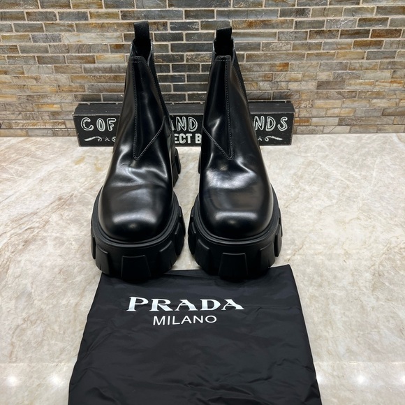 PRADA Monolith Leather Lug-Sole Chelsea Booties - Picture 9 of 13